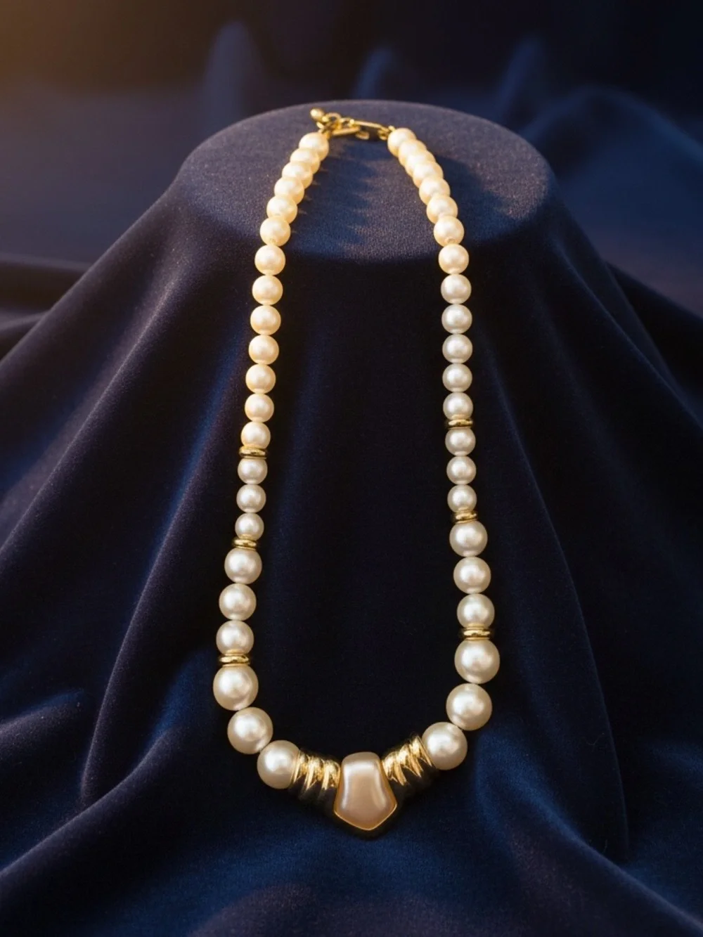 Vintage 1980s Napier Faux Pearl Chevron Shield Choker Necklace 16